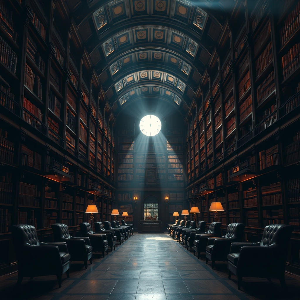 Grand old-world library interior with towering dark wood bookshelves