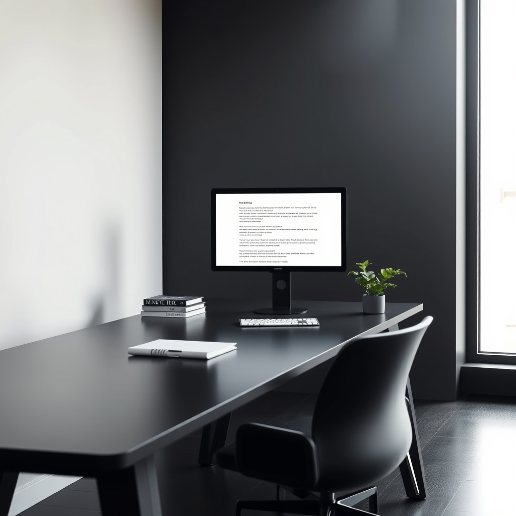 Modern minimalist creative workspace with stacked books